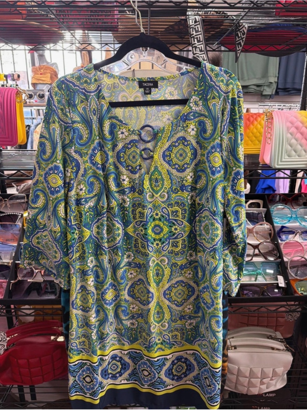 Tacera Blue and Green Paisley-Print Tunic with Ring Accent